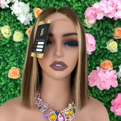 Perruque Bob 100% Virgin Vuman Hair Highlight Perruque  a Reflets Blond Miel Brun Perruque Wear & Go 