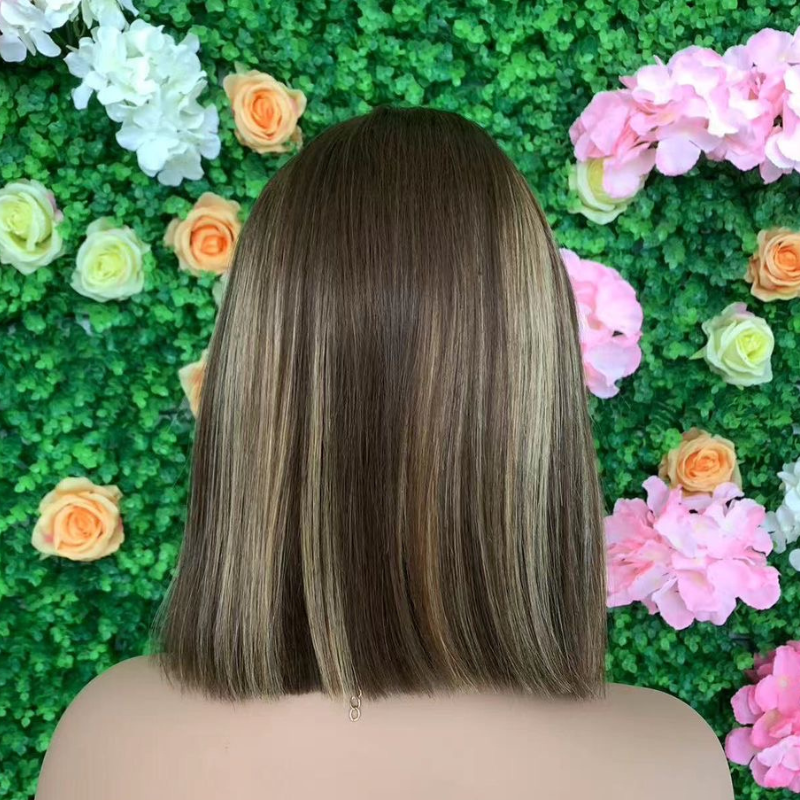 Perruque Bob 100% Virgin Vuman Hair Highlight Perruque  a Reflets Blond Miel Brun Perruque Wear & Go 