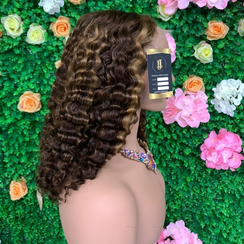 Peruque Bob Curly Birmane Profonde 100% Virgin Hair Couleur  Piano, a Reflets, Blond Miel,  Highlight P4/27#
