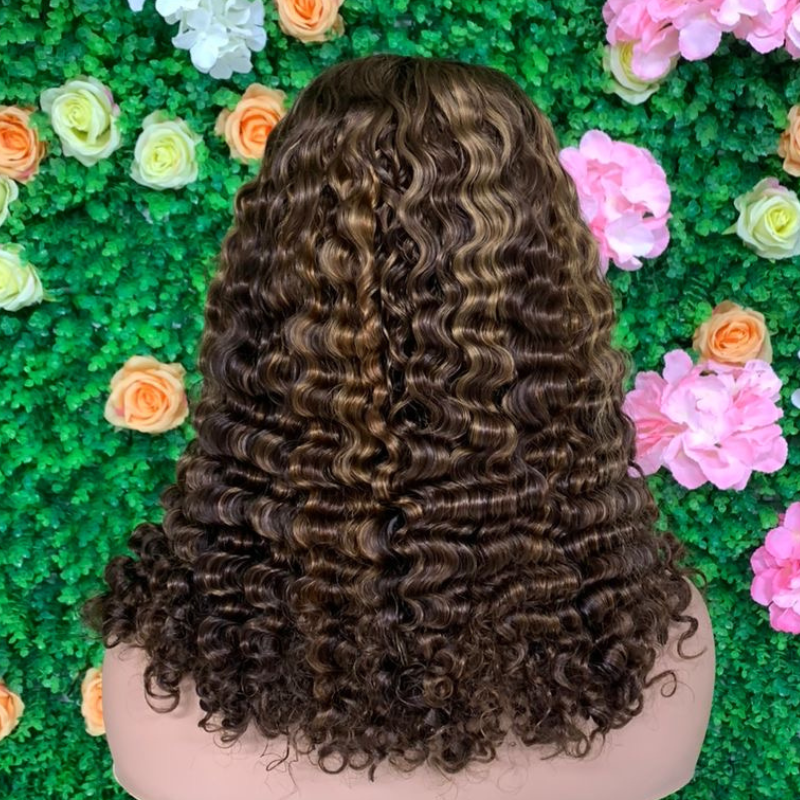 Peruque Bob Curly Birmane Profonde 100% Virgin Hair Couleur  Piano, a Reflets, Blond Miel,  Highlight P4/27#